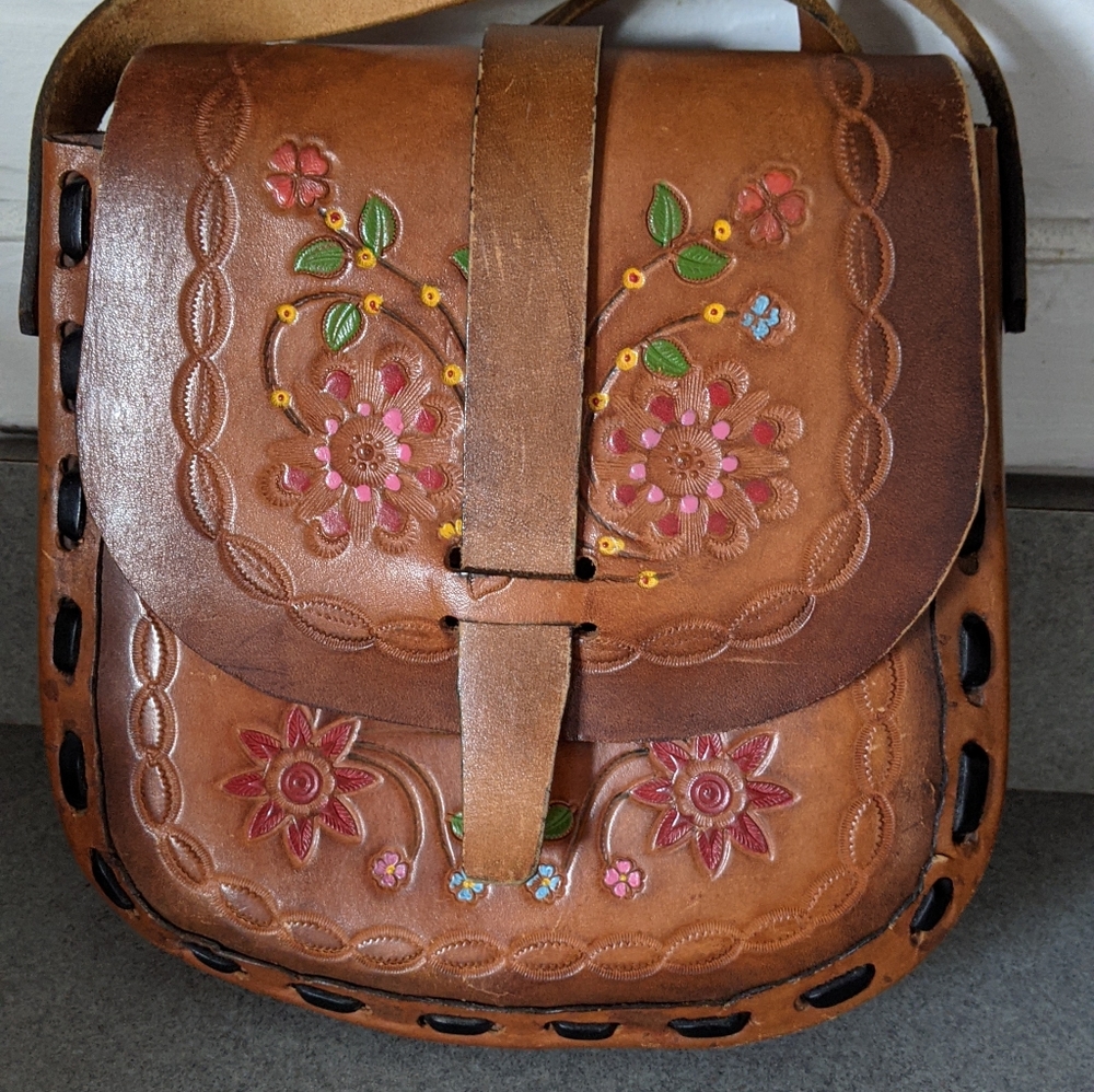 SOLD Vintage Tooled Leather and Hand Painted Purse